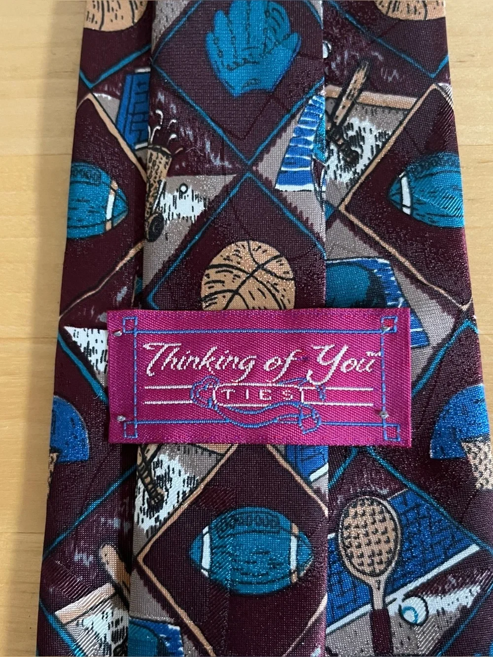 Vtg 90s Multi Sports Novelty Tie Burgundy Blue Dadcore Preppy Thinking Of You